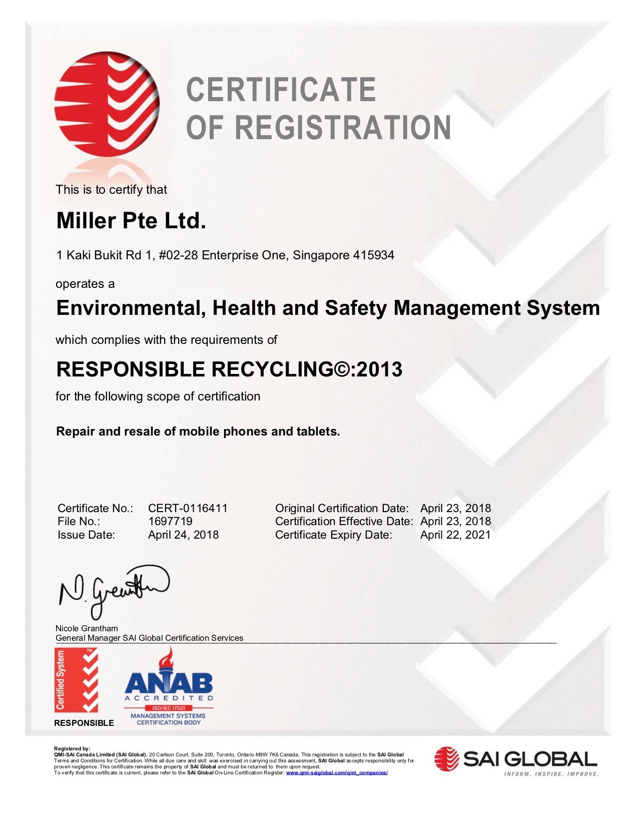 Miller Singapore R2 SERI Certificate