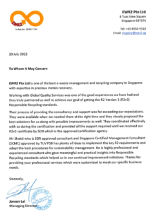 R2 Certification EWR2 Tuas Singapore